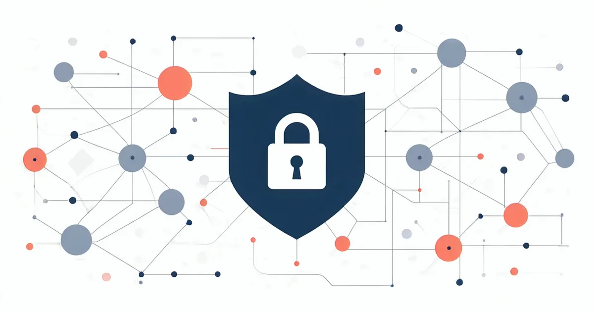 Abstract security concept with clean geometric lock motif overlaid on a workflow diagram