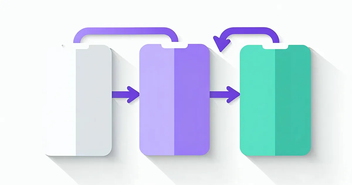 Three app interface cards connected by animated flow arrows on a clean white surface