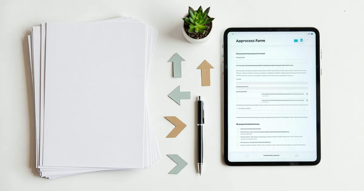 Abstract overhead view of organized documents and flow arrows representing structured enterprise processes