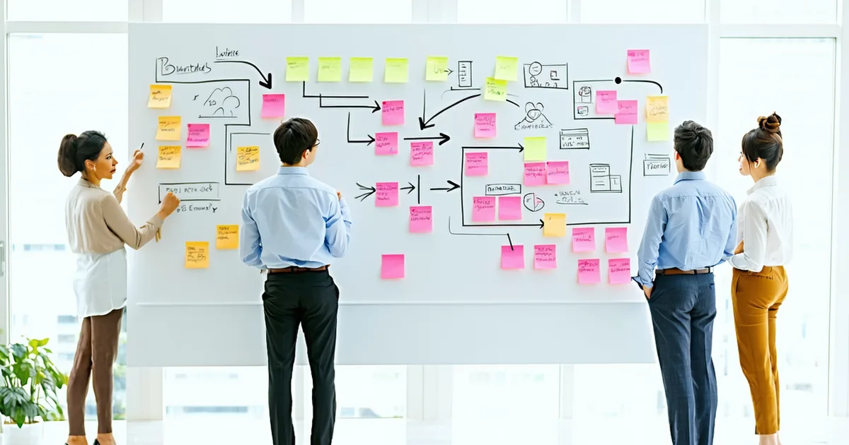 Operations team whiteboarding a multi-step approval workflow