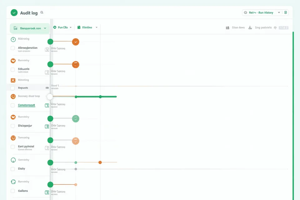 TASKBASE run history panel showing a timeline of workflow execution events with timestamps and status badges