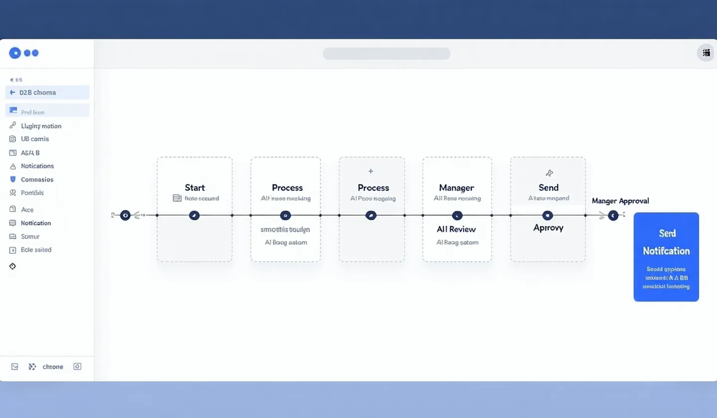 Wide view of TASKBASE workflow canvas showing a complete five-step automation with trigger, transform, AI, approval, and notification nodes