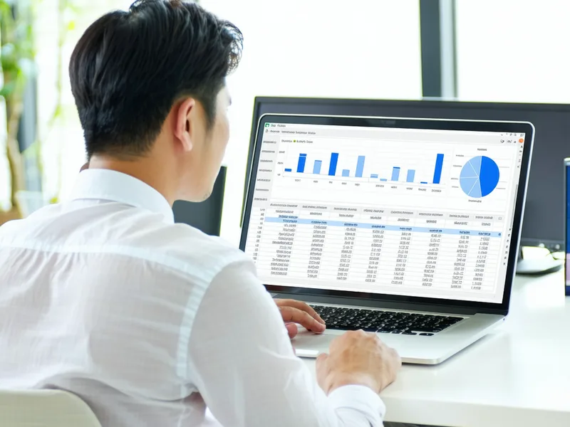 Finance operations professional reviewing an approval routing dashboard on a laptop in a modern office setting