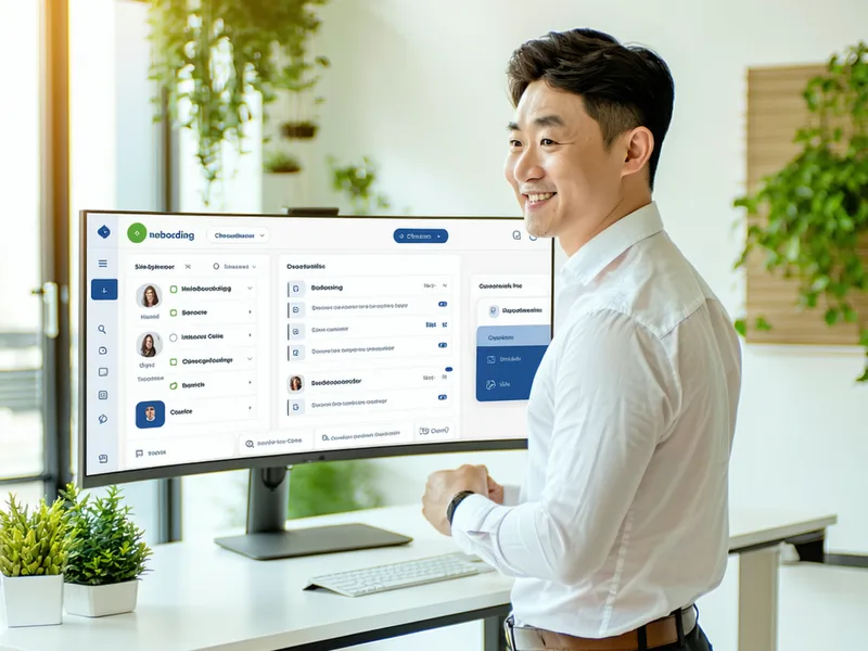 HR team member reviewing an onboarding checklist workflow on a screen in a bright modern office